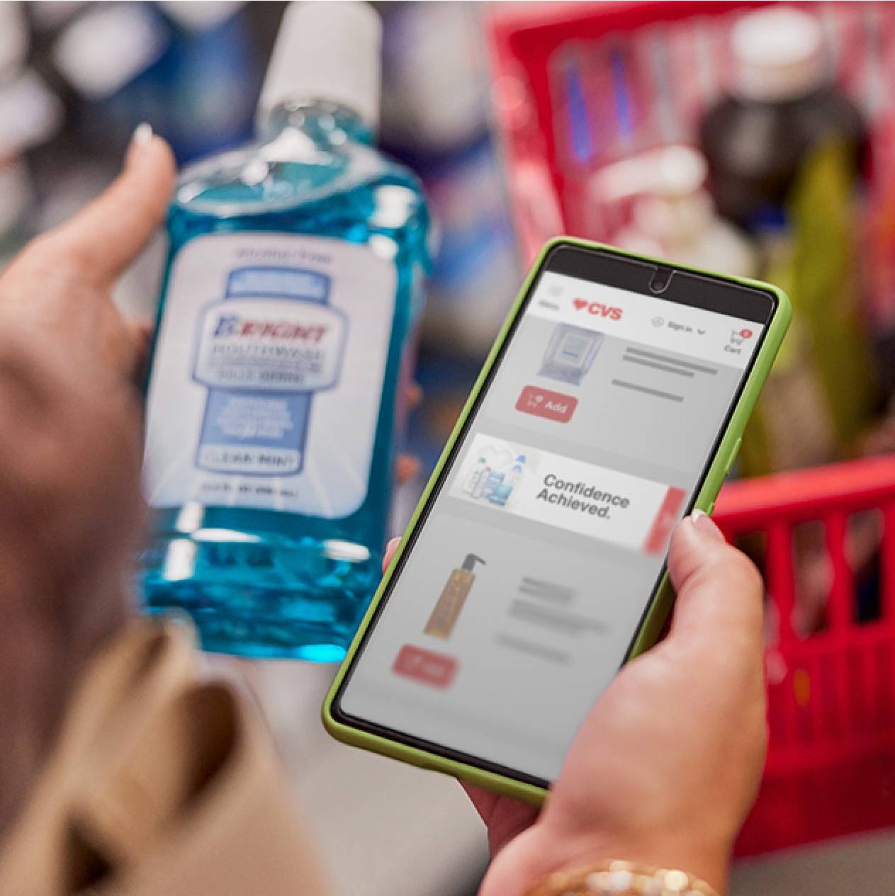 A CVS shopper is holding a bottle of mouthwash in one hand and viewing an ad for the same product in the CVS Health App.